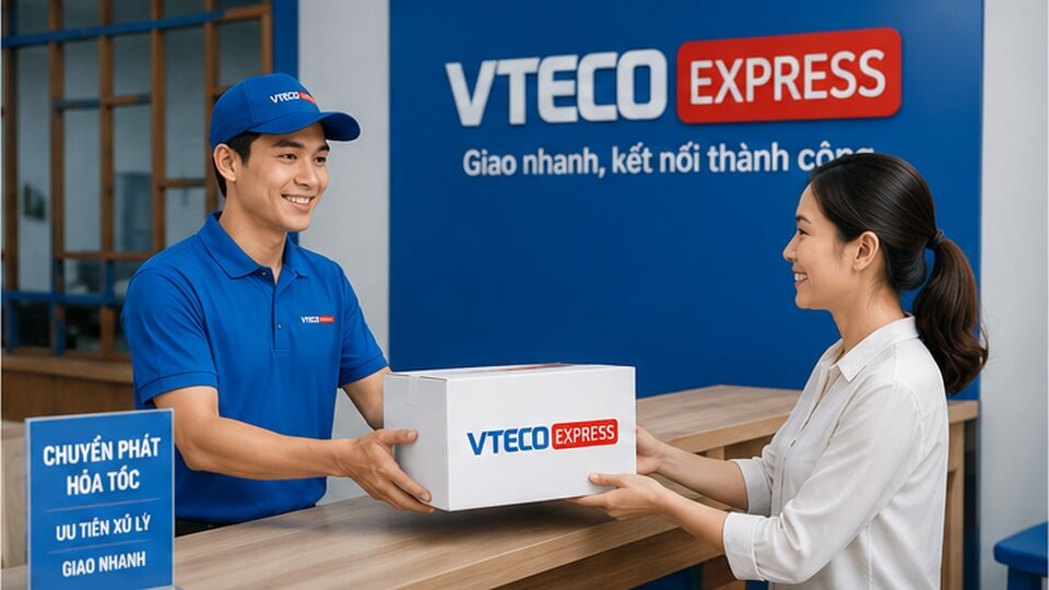 Nhân viên VTECO Express tiếp nhận hồ sơ và bưu phẩm cần chuyển phát hỏa tốc