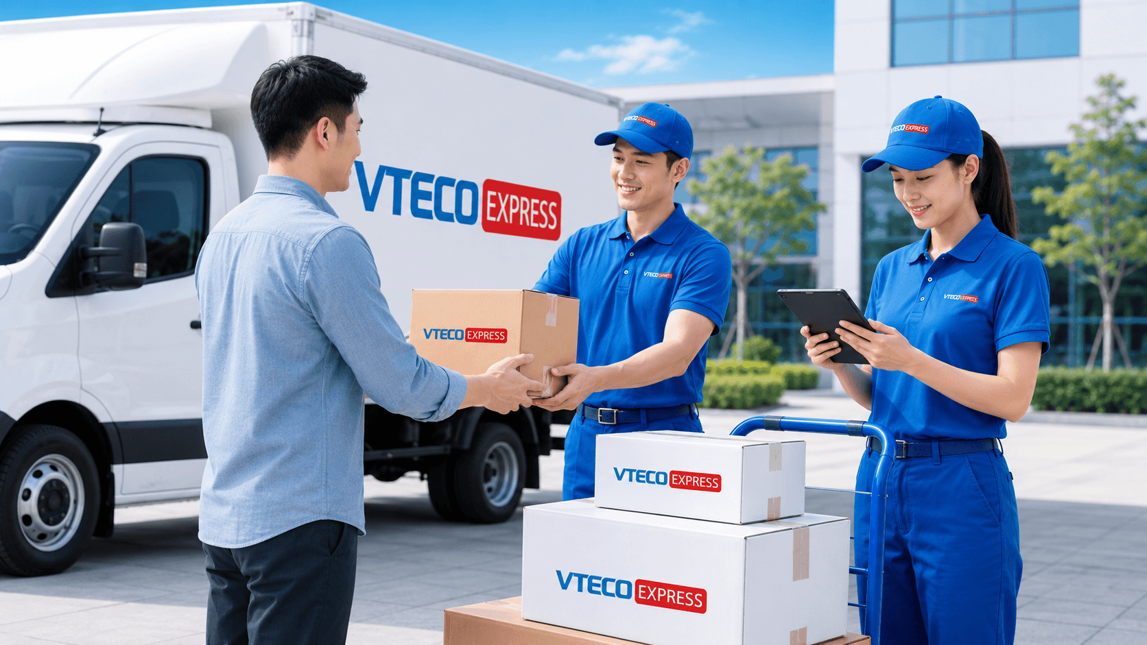 Nhân viên VTECO Express tiếp nhận hàng gửi chuyển phát tiết kiệm