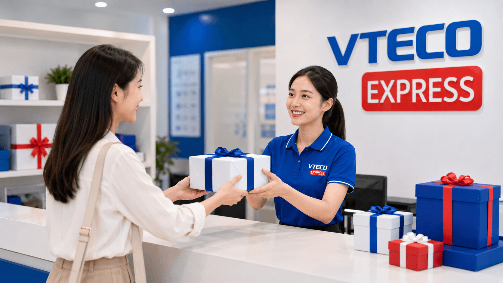 Nhân viên VTECO Express nhận quà tặng từ khách hàng để chuyển phát