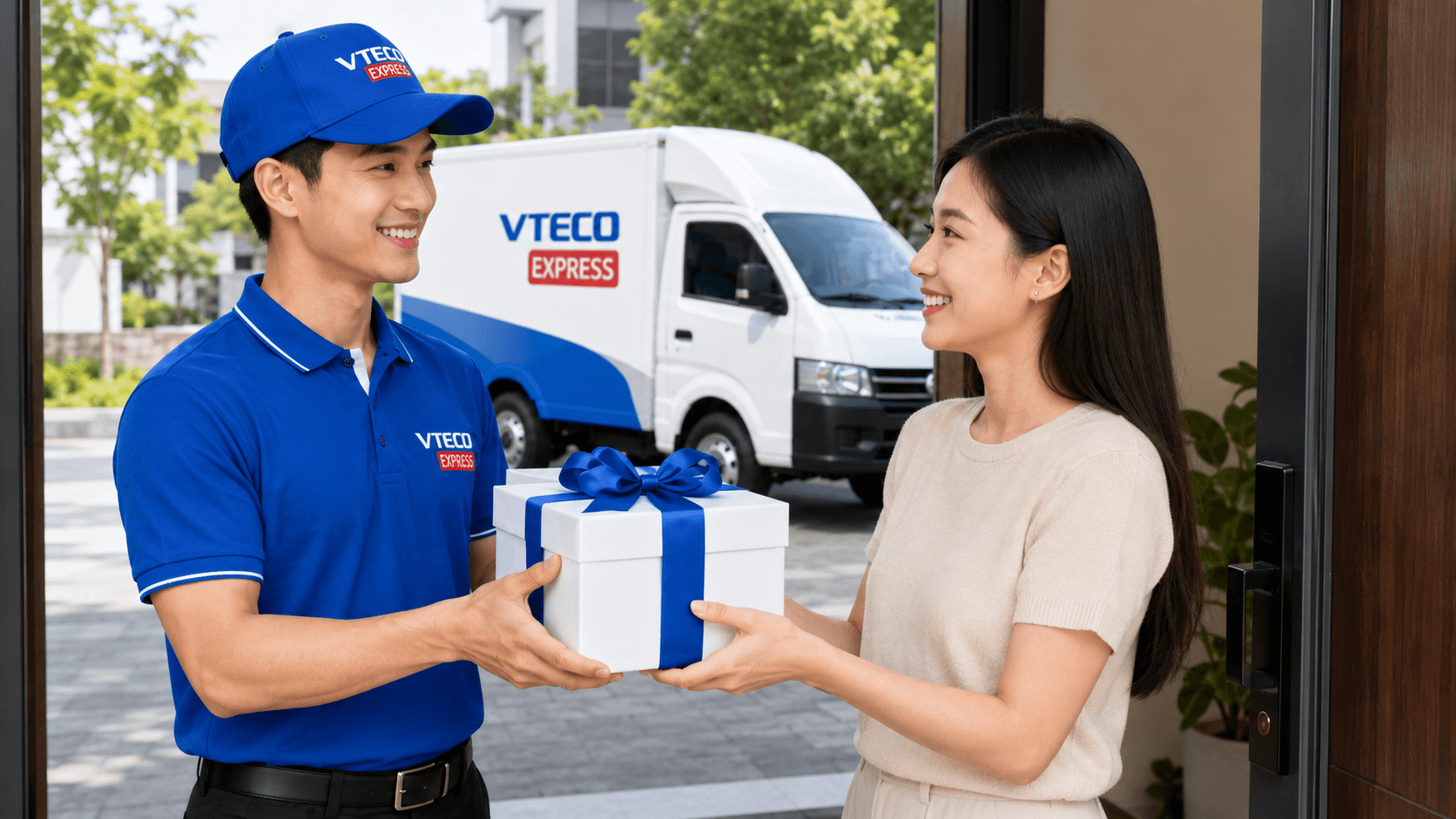 Nhân viên VTECO Express giao quà tặng thành công đến người nhận