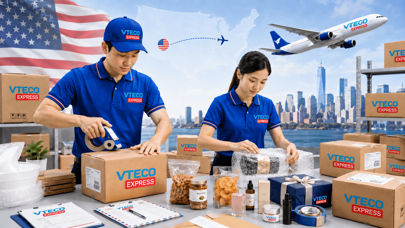 Nhân viên VTECO đóng gói hàng hóa gửi đi Mỹ cẩn thận an toàn