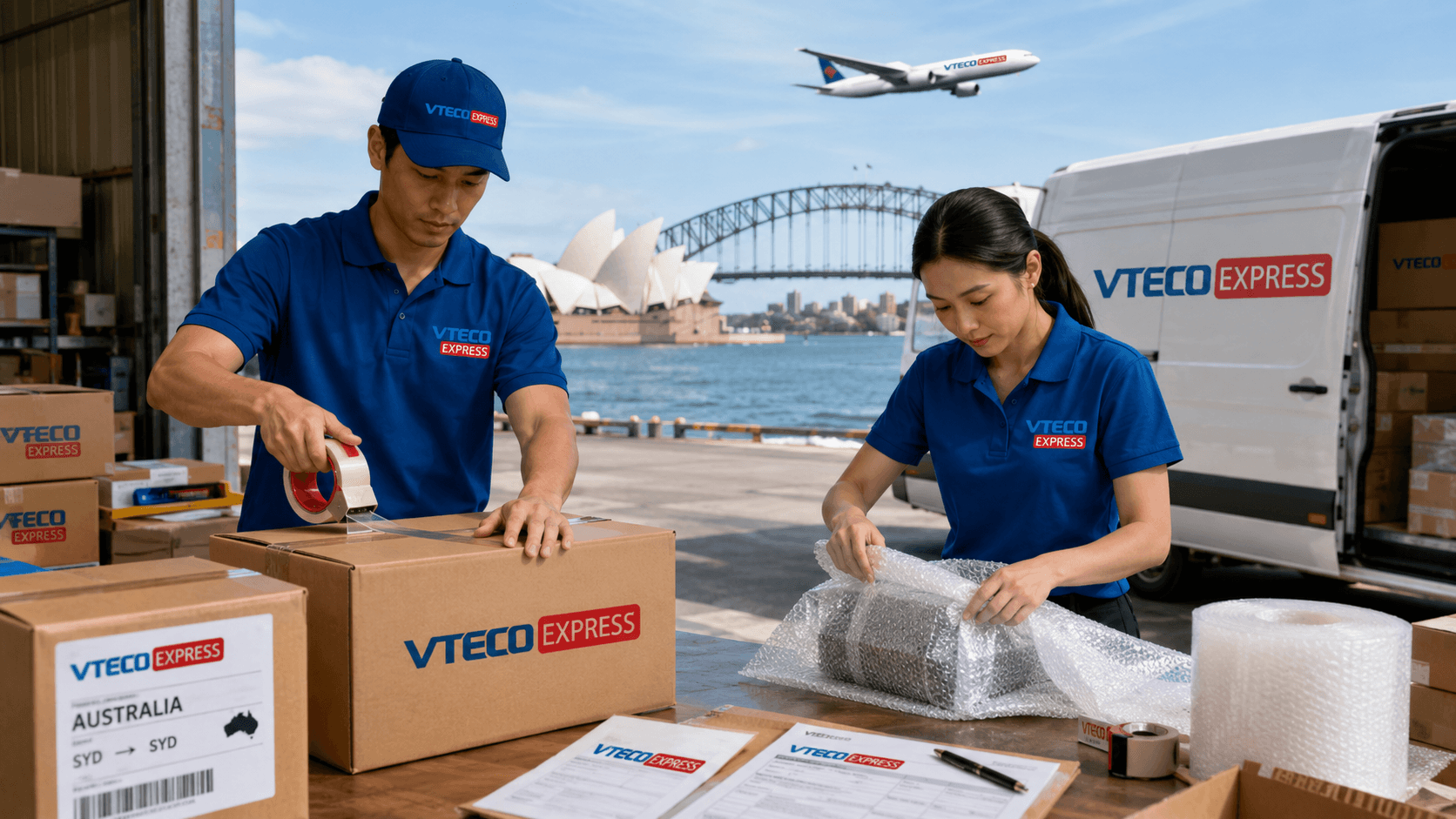 Nhân viên VTECO đóng gói hàng hóa gửi đi Úc cẩn thận an toàn