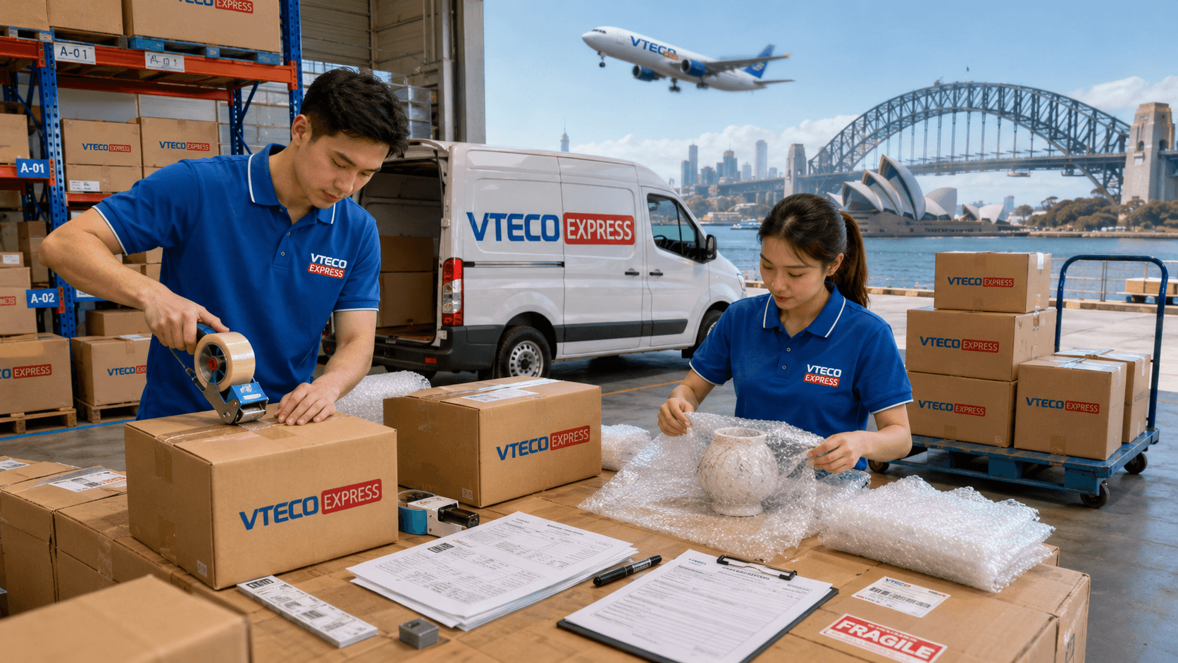 Nhân viên VTECO đóng gói hàng hóa gửi đi Canada cẩn thận an toàn