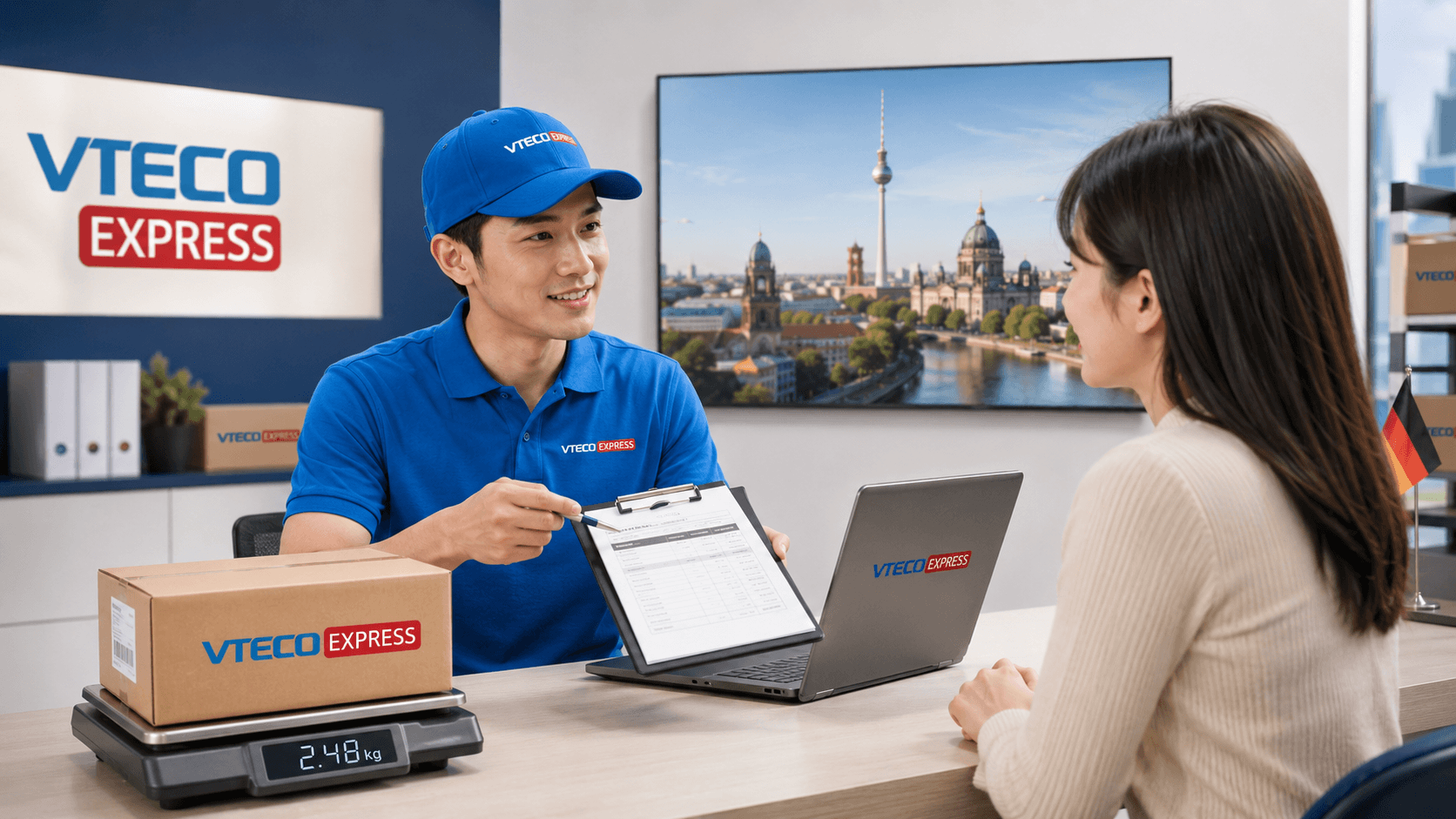Nhân viên VTECO Express kiểm tra cân nặng và kích thước kiện hàng trước khi gửi đi Đức