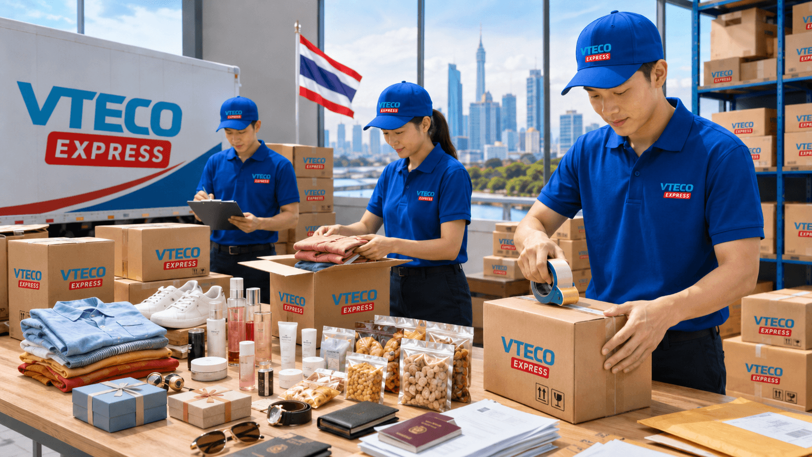 Quà tặng, mỹ phẩm, quần áo, thực phẩm khô và tài liệu gửi đi Thái Lan
