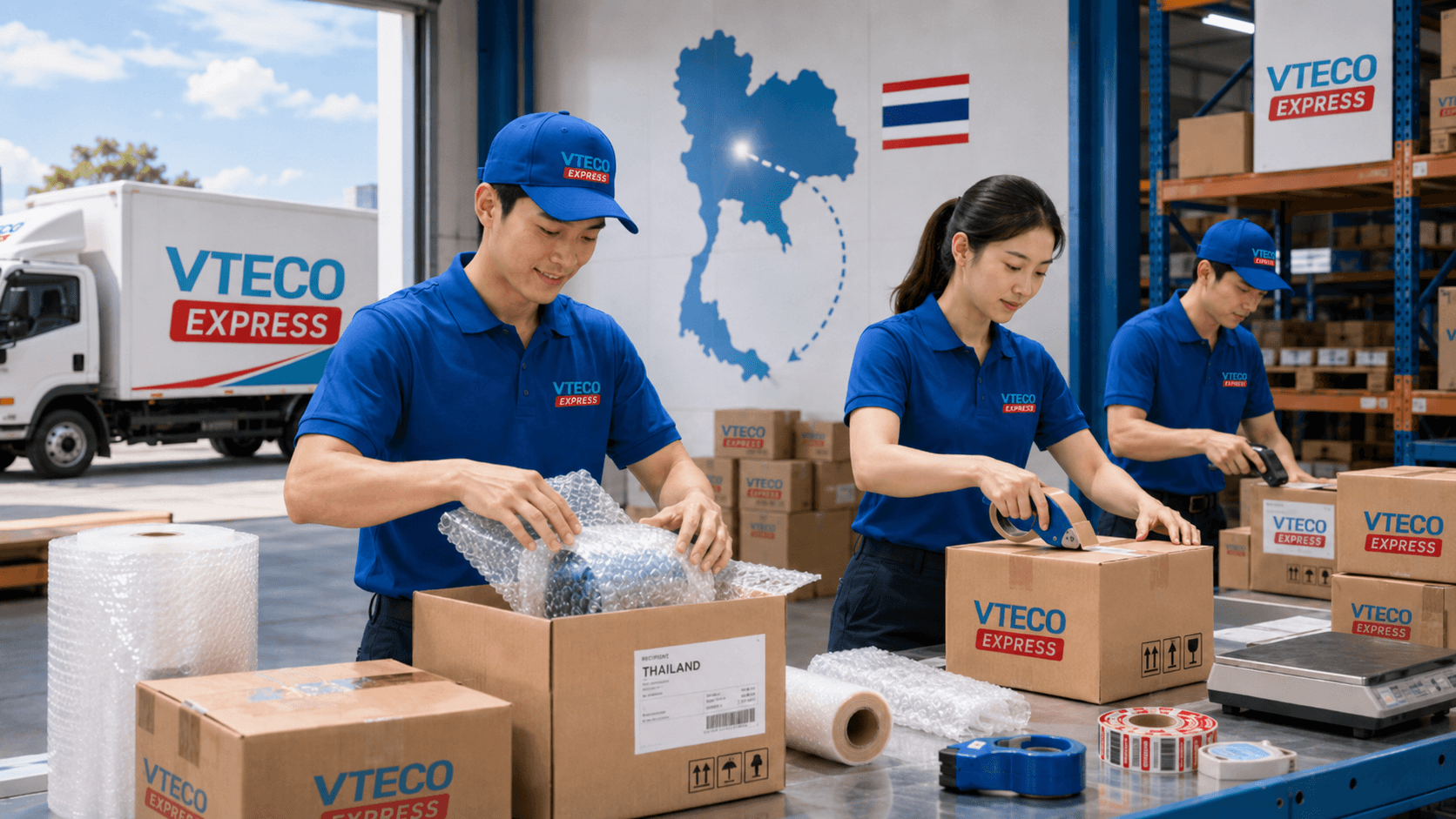 Nhân viên VTECO Express đóng gói thùng hàng gửi đi Thái Lan bằng băng keo, xốp chống sốc và tem vận đơn