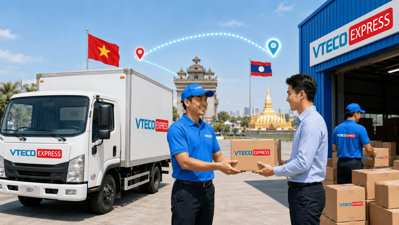 Nhân viên VTECO Express nhận kiện hàng gửi từ Việt Nam đi Lào