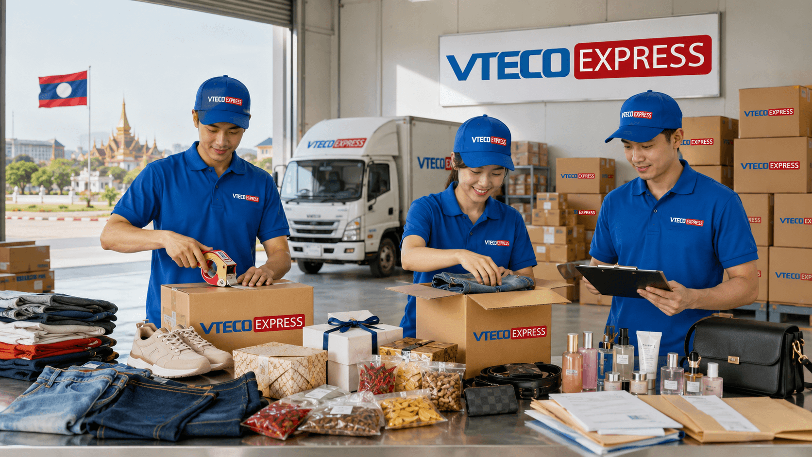 Quà tặng, quần áo, mỹ phẩm, tài liệu và thực phẩm khô được chuẩn bị gửi đi Lào