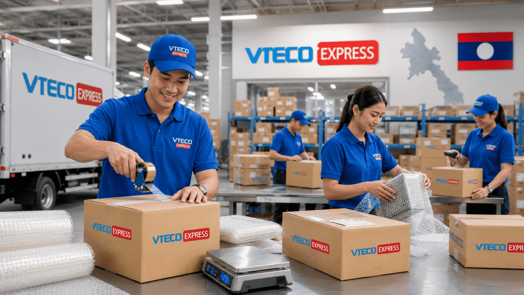 Nhân viên VTECO Express đóng gói thùng hàng gửi đi Lào bằng băng keo và vật liệu chống sốc