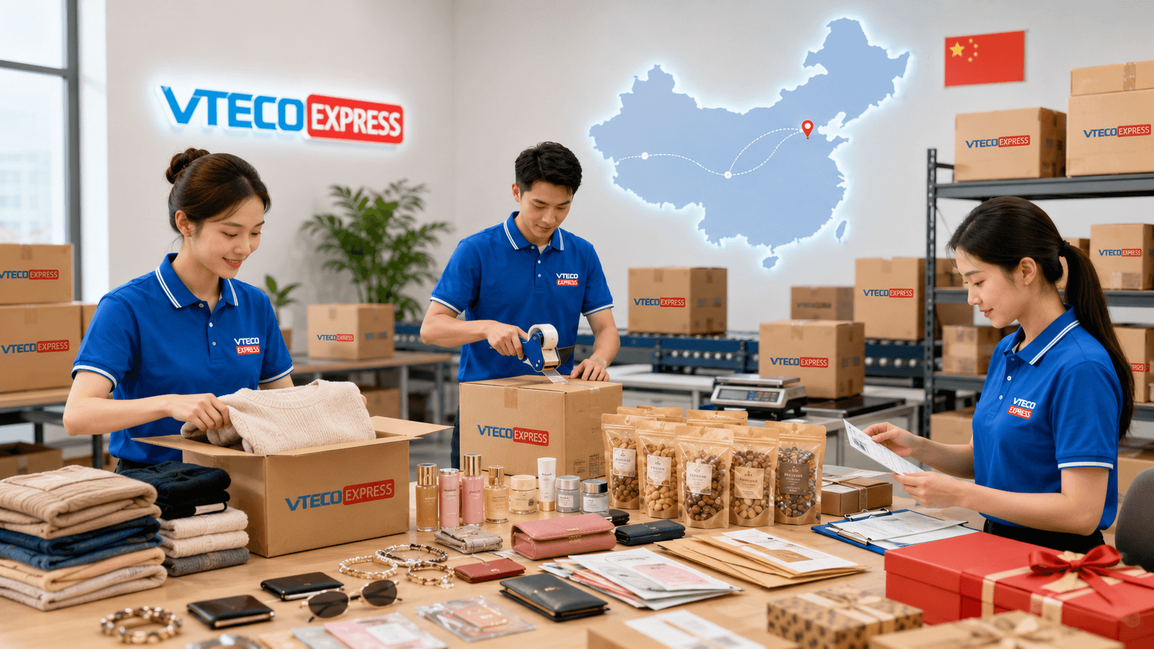 Quần áo, mỹ phẩm, tài liệu, hàng mẫu và thực phẩm khô được chuẩn bị gửi đi Trung Quốc