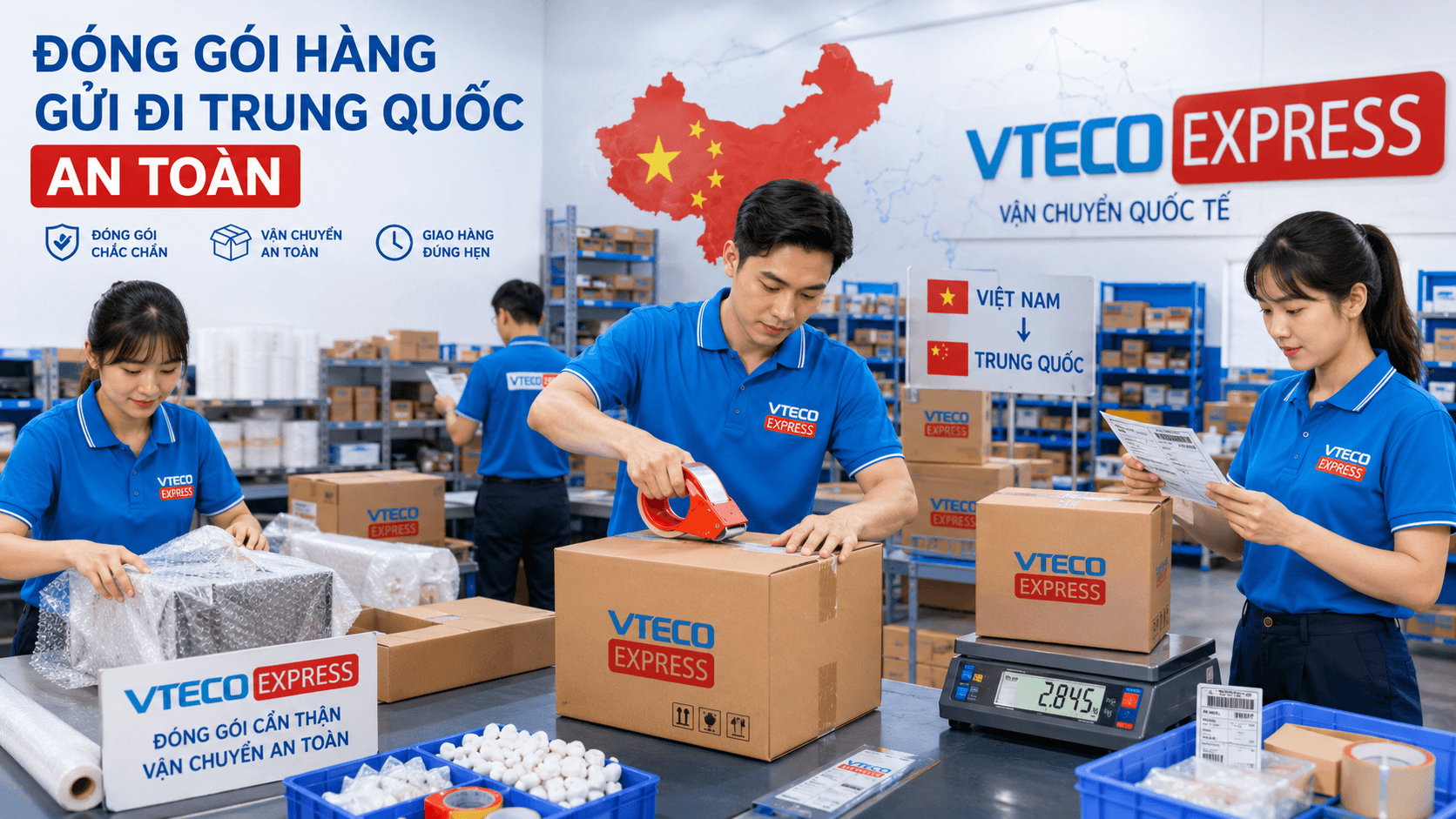 Nhân viên VTECO Express đóng gói thùng hàng gửi đi Trung Quốc bằng băng keo, xốp chống sốc và tem vận đơn