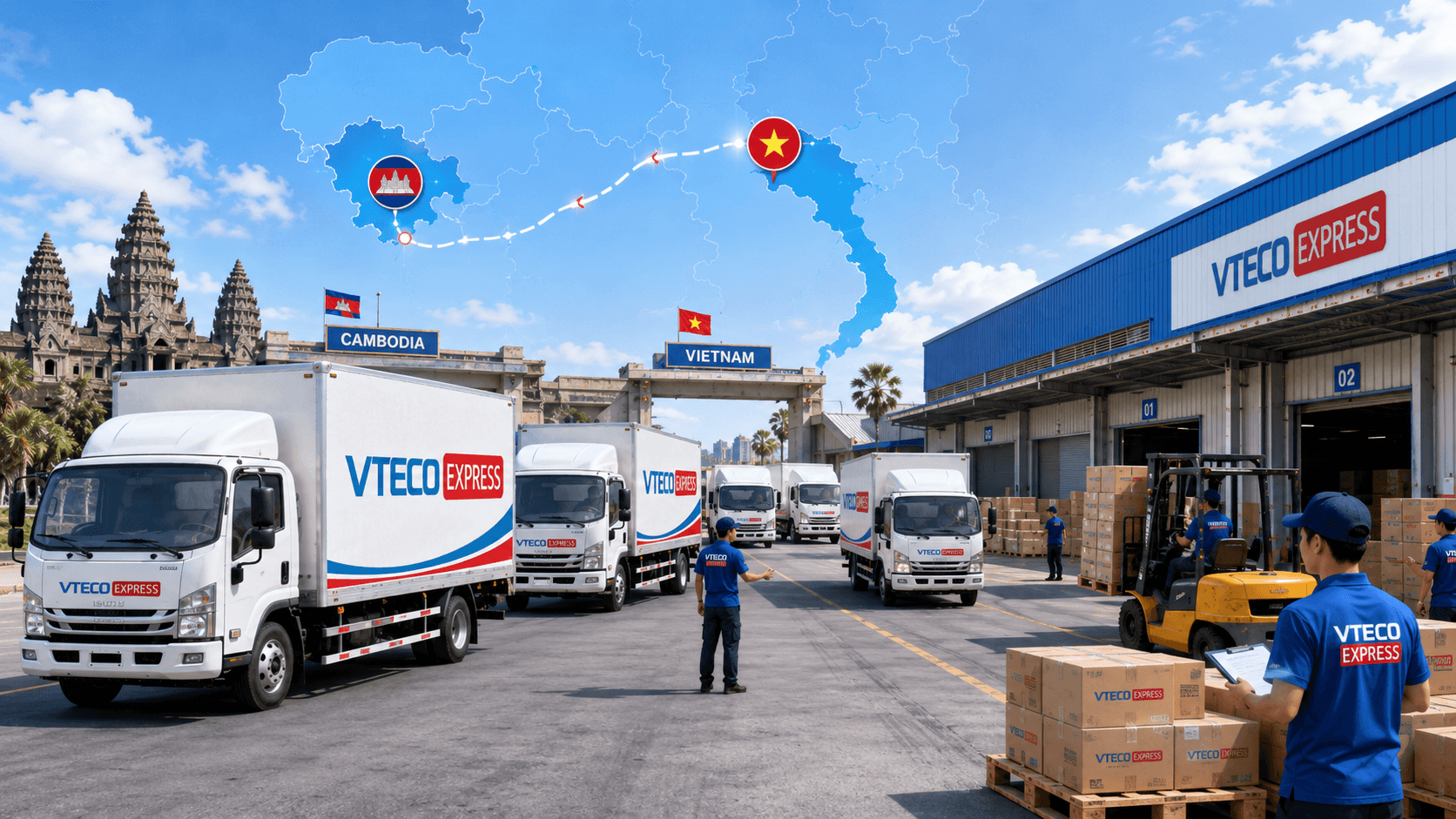 Đội xe tải VTECO Express phục vụ vận chuyển hàng Campuchia về Việt Nam