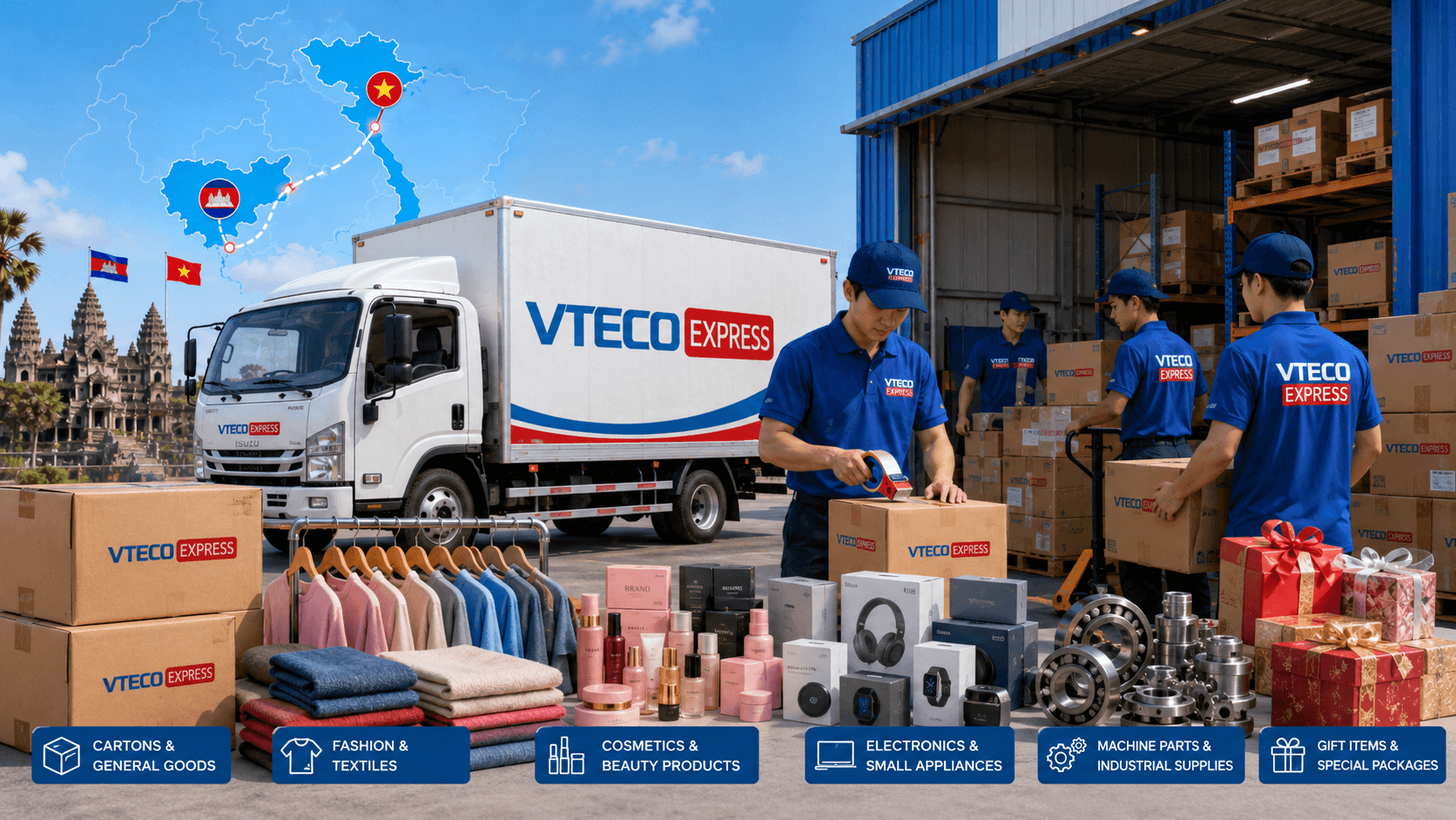 VTECO Express nhận vận chuyển hàng thương mại, hàng mẫu, linh kiện, quà tặng từ Campuchia về Việt Nam