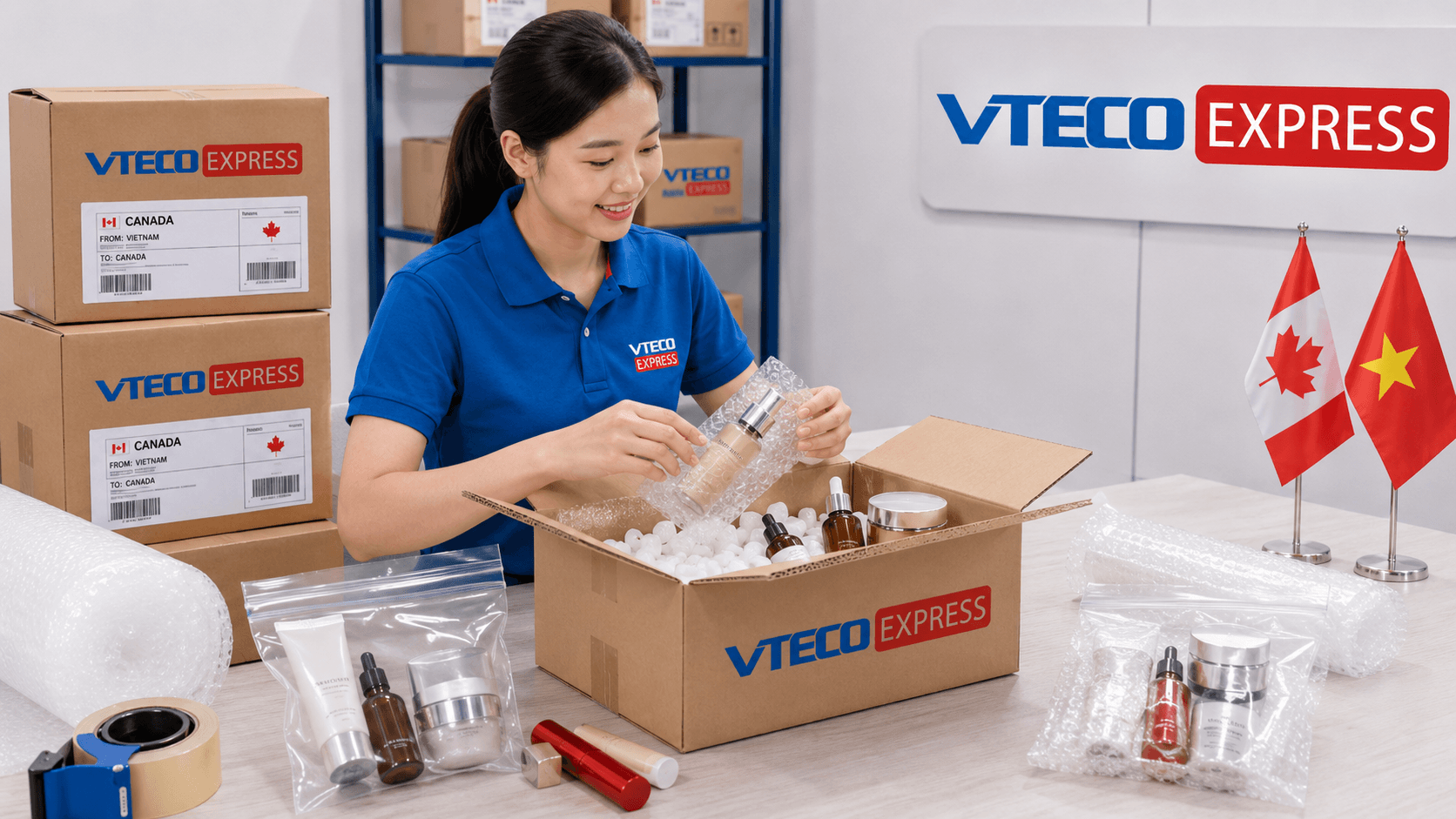Cách đóng gói mỹ phẩm gửi đi Canada chống rò rỉ và chống vỡ