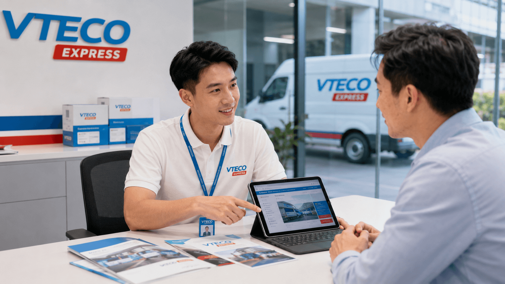Nhân viên kinh doanh VTECO Express tư vấn dịch vụ vận chuyển cho khách hàng