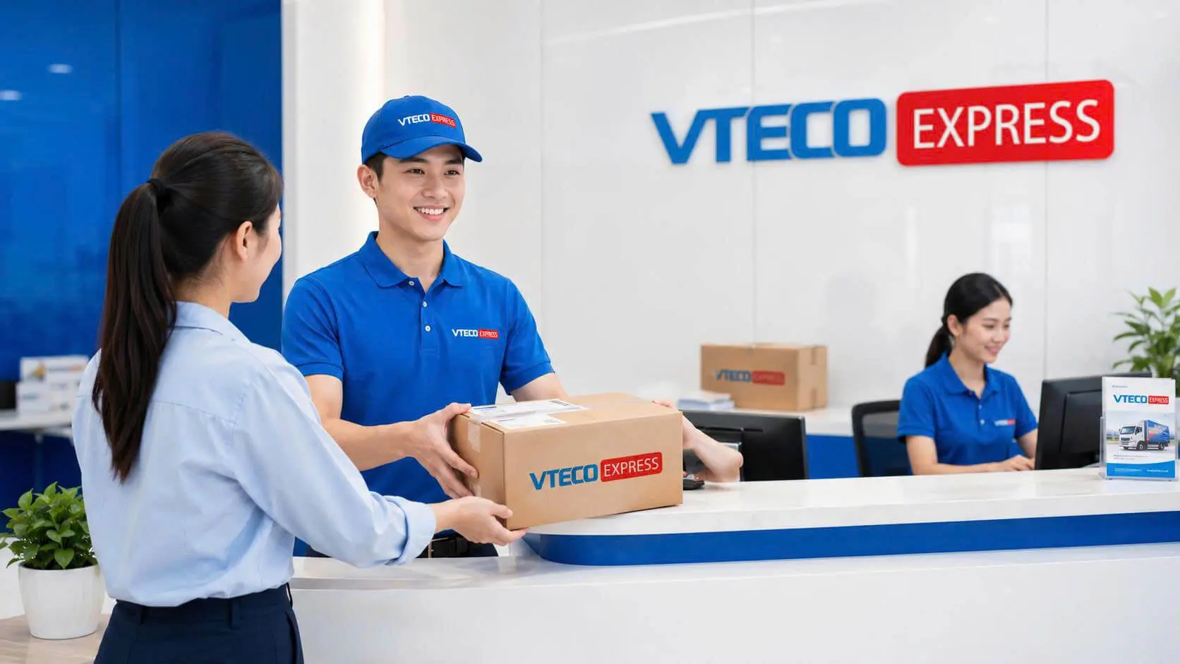 Nhân viên VTECO Express tiếp nhận hàng chuyển phát nhanh